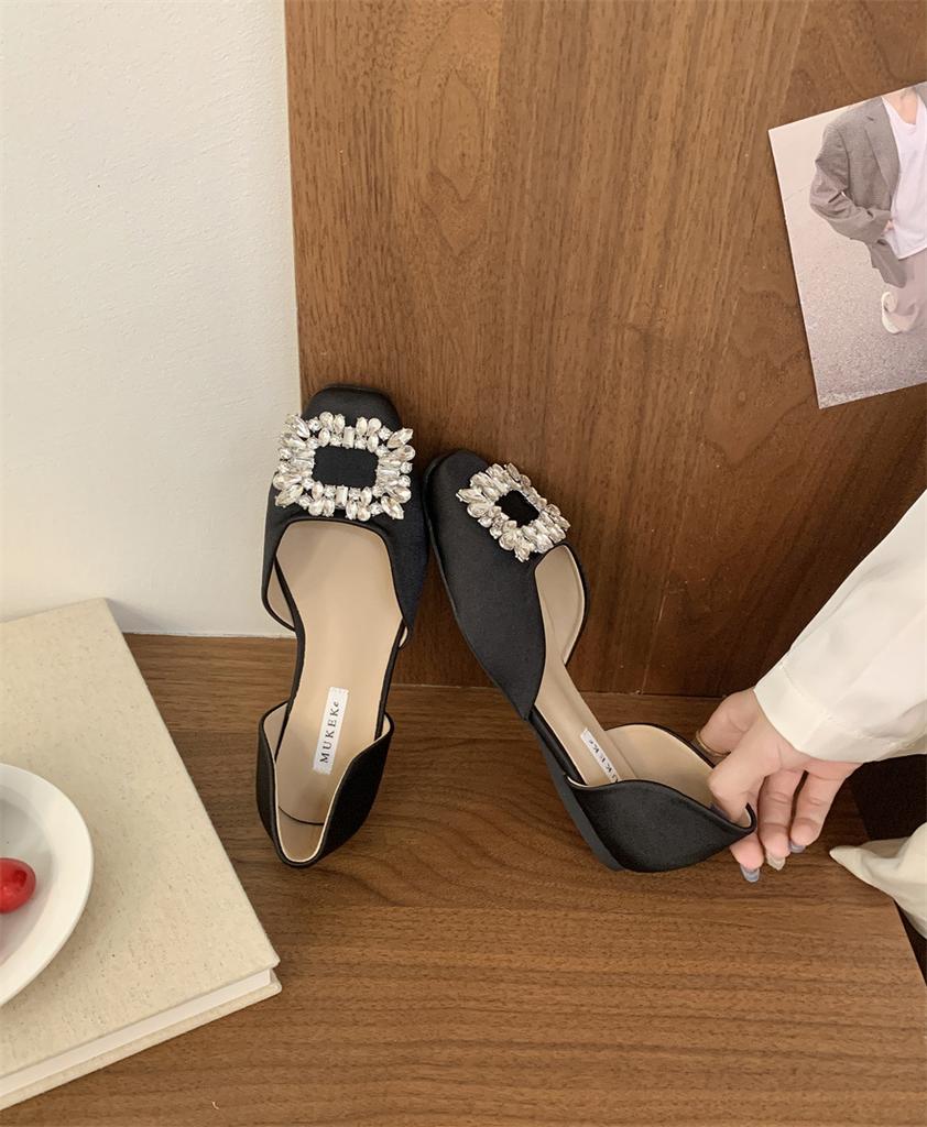 Shoes women's spring summer new low-heeled square buckle rhinestone French casual square head hollow flat bottom evening single shoes
