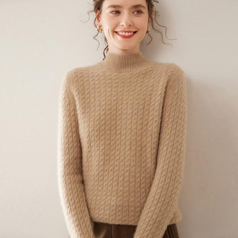 Women's Half-High Collar Cable Knit Cashmere Sweater - Korean Style Thick Pullover for Autumn and Winter