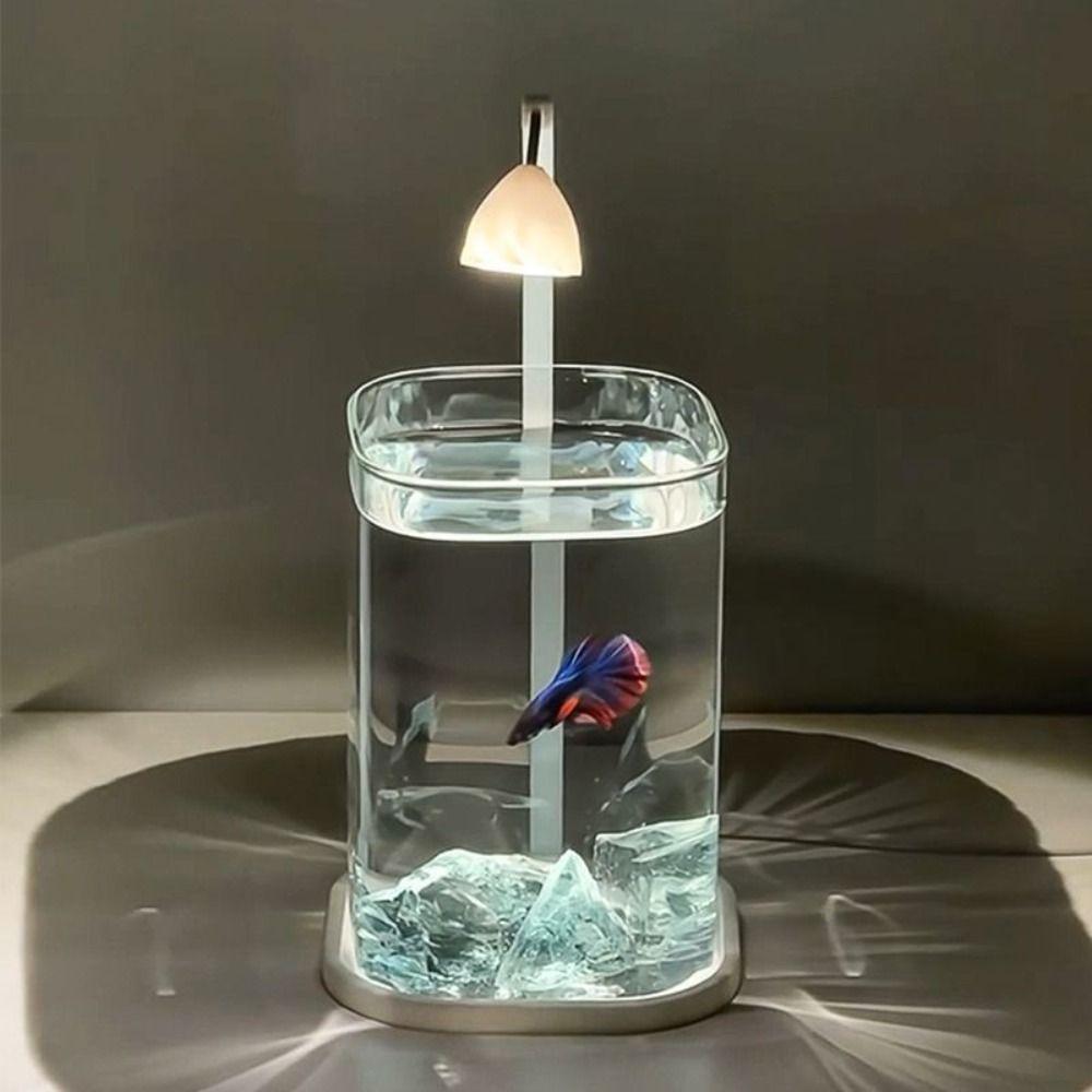 High Transparency Acrylic Landscape Fish Tank Shatterproof with Lid Mini Desktop Fish Tank LED Light Fishbowl