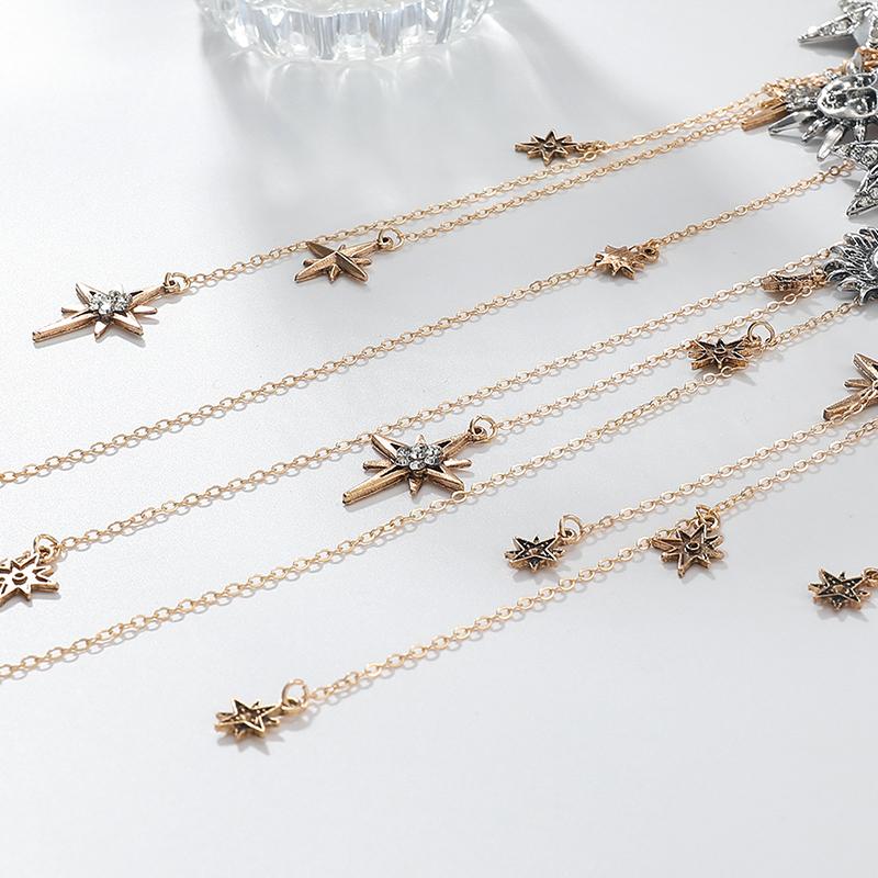 Exaggerated Multi-Layered Tassel Pendant Necklace With Moon Star Sun And Full Diamond Design For Women In Boho Style