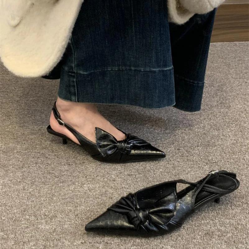 Summer Silvery Pointed Toe Women Sandals Fashion Butterfly-knot Singbacks Pumps Ladies Party Dress Low Heel Sandalias