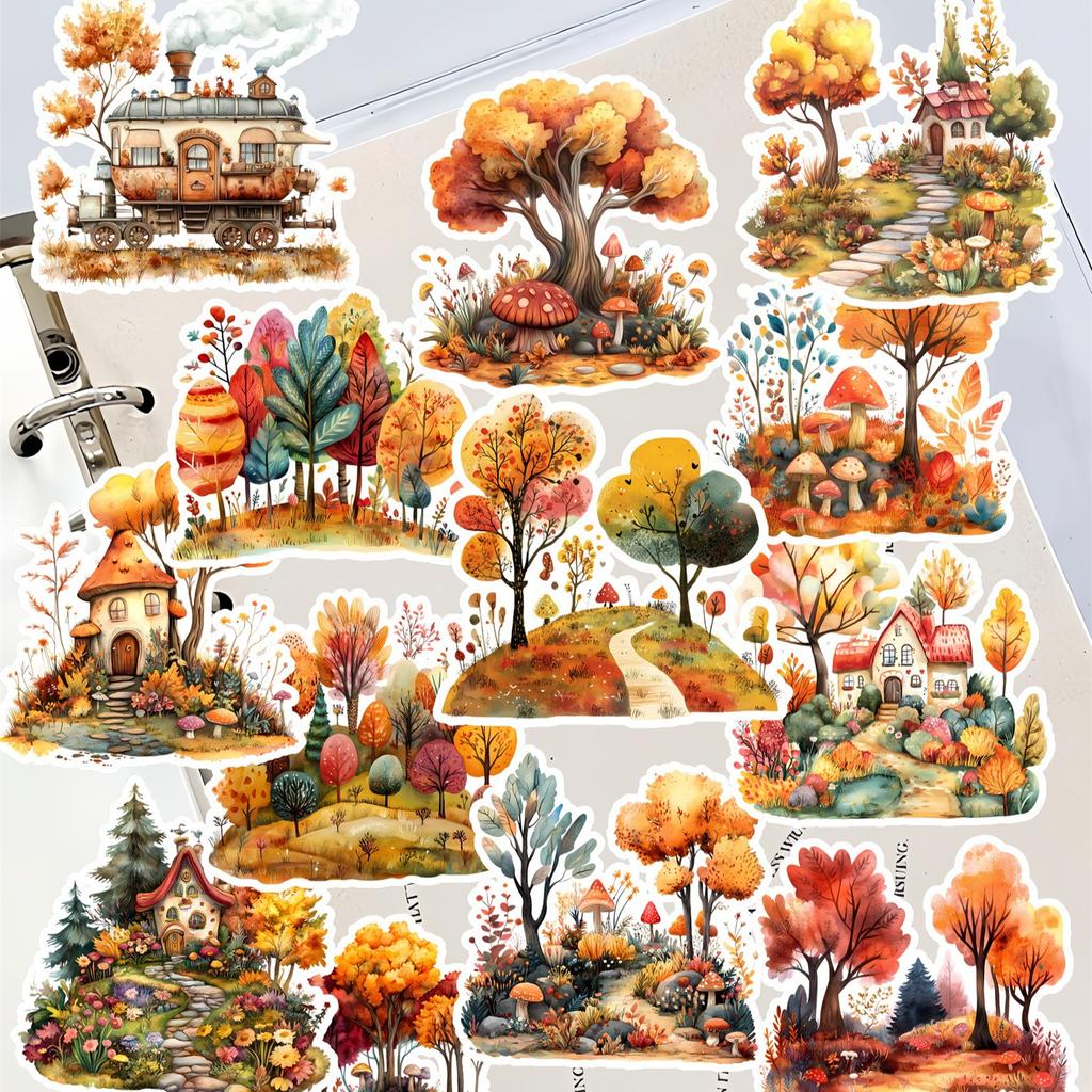 18pcs Watercolor Autumn Leaves Forest Stickers Hand Account Cute Diy Photo Album Ins Waterproof Paste Cane Decoration Vintage