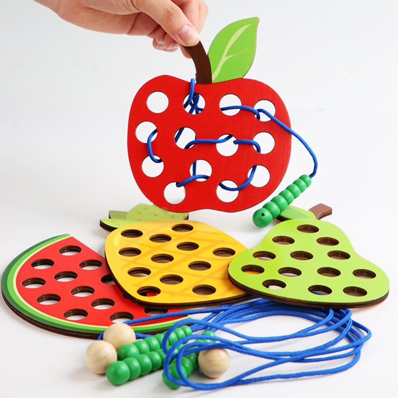 Wooden Lacing Plaything Educational Fruits Threading Activity Puzzles Learning Fine Motor Skill Car Travel Plaything Set For Toddlers Kids