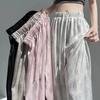 Women Pants Elastic High Waist Adjustable Drawstring Wide Leg Trousers Tie Dye Print Summer Ice Silk Long Pants Daily Wear