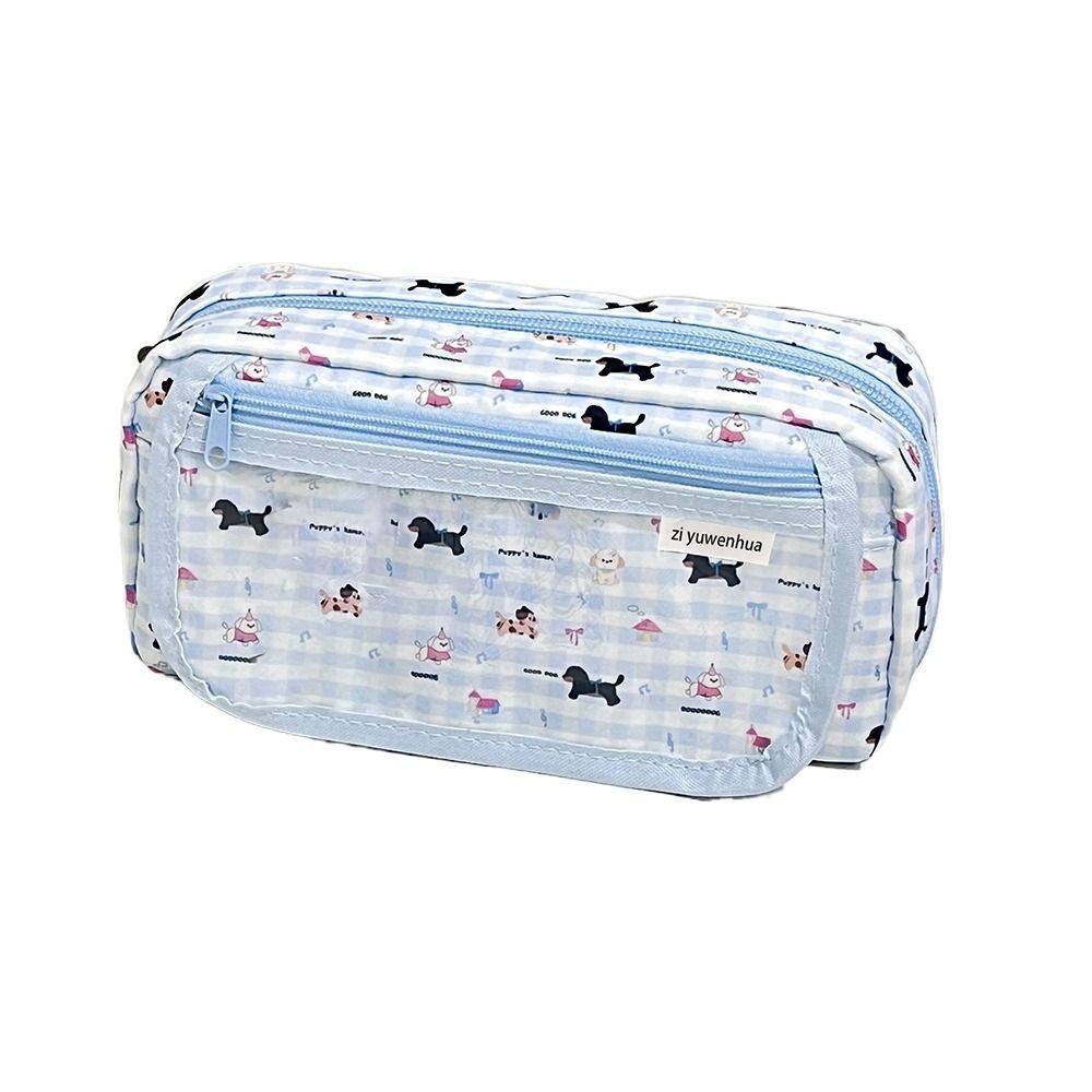 

Flip Pen Bag Blue Plaid Puppy Stationery Bag Cute Pencil Case Students
