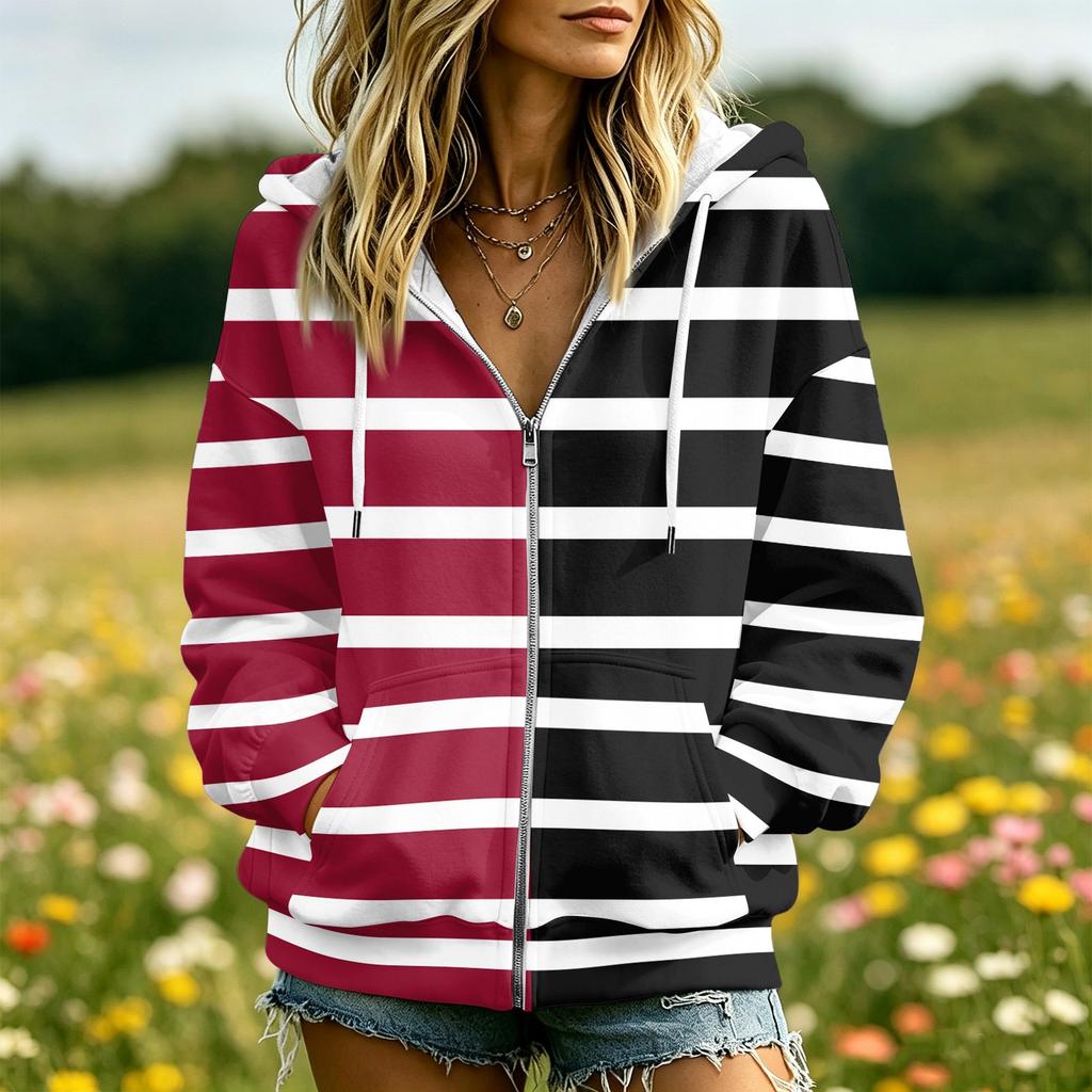 Women's Striped Print Long Sleeve Hooded Jacket with Pockets and for Casual Wear