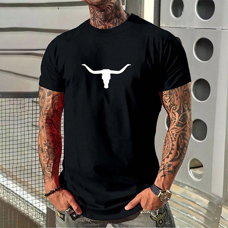 Fashion Cow Head Print Short-sleeved T-shirt New Men's Round Neck Fitness Sports Short-sleeved Tops Summer Simple Men's Clothing