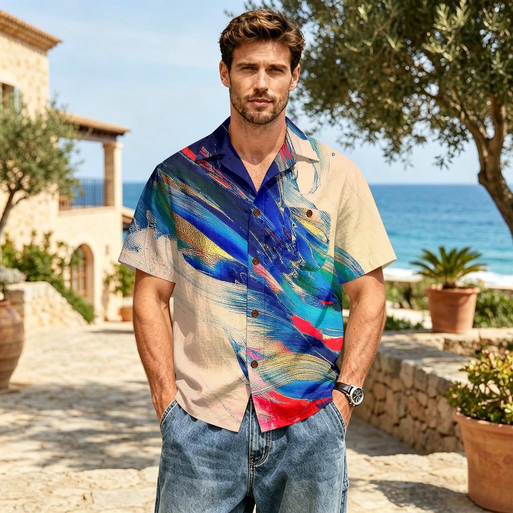 Men's Casual Short Sleeve Shirt Cotton Linen Classic Lapel Collar Button Down Lightweight Printed Top for Spring Summer