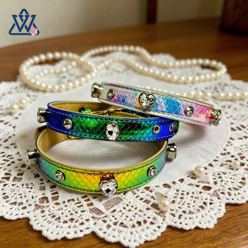 PU Leather Dog Collar Fish Rhinestone Reflective Adjustable Small Medium Large Dogs