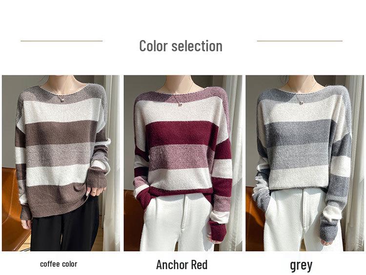 2025 Women's Striped One-Shoulder Wool Pullover Sweater for Autumn/Winter - Casual Knitwear