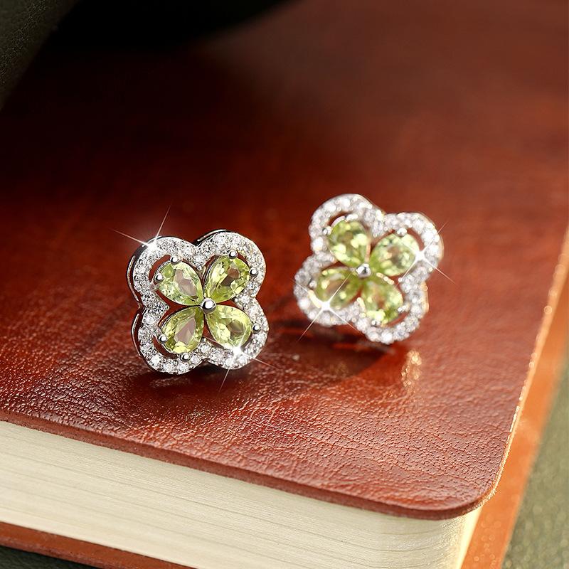 S925 Sterling Silver Four Leaf Clover Stud Earrings Natural Amethyst Topaz Advanced Sense Earring Minimalist Luxury