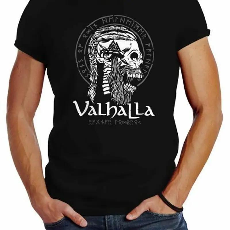 Unisexs Valhalla Skull Runes Norse Mythology Ragnar Lodbrok Tshirt