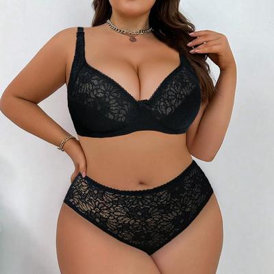 Women Plus Size Lingerie Set Sexy Lace Underwear Set Thin Unlined Wired Bra and Panty Set 38E-48E