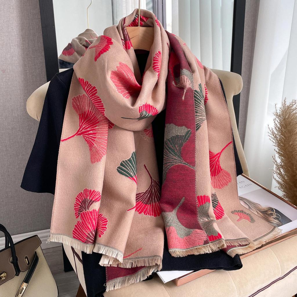 Imitation Cashmere Ginkgo Leaf Scarf Women'S Autumn And Winter Warm Fringed Shawl Versatile Student Scarf Tide