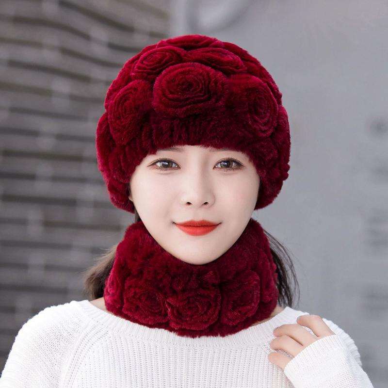Woman Autumn Winter Warm Hat Otter Rabbit Fur Hat Versatile Ear Protection Cap Knitted Fur Hat Scarf Set