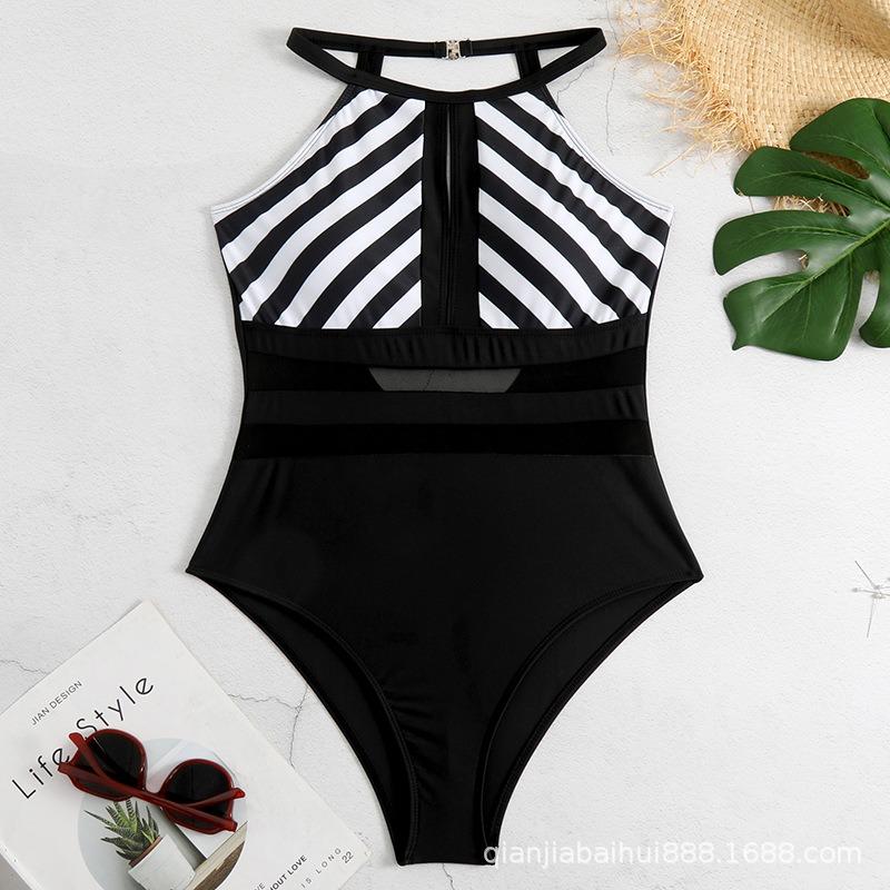 Damen Sexy Rückenfreier Badeanzug Streifenmuster Netz-Patchwork Mode Bademode