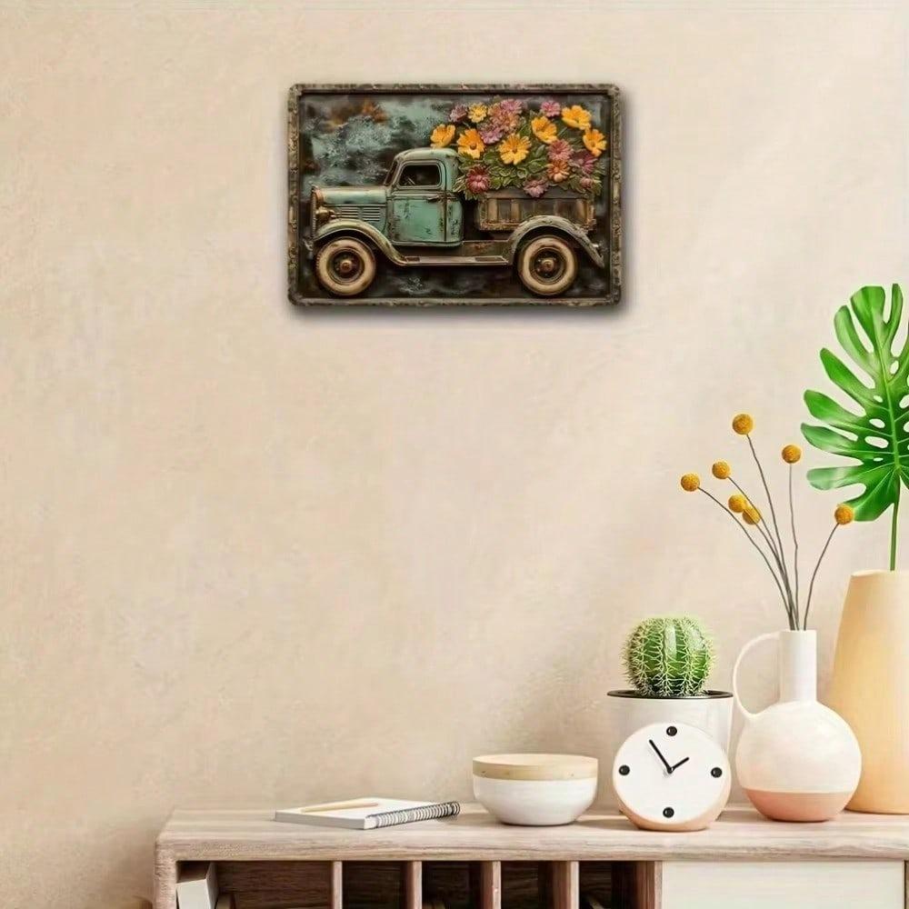 Vintage Blue Truck Metal Tin Sign Rustic Floral Wall Art 1PC