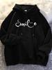 Black Hoodie, Joyful Face Graphic Print, Cotton Blend Loose Fit Pullover Streetwear Hoodie with Kangaroo Pocket, Casual Sweatshirt