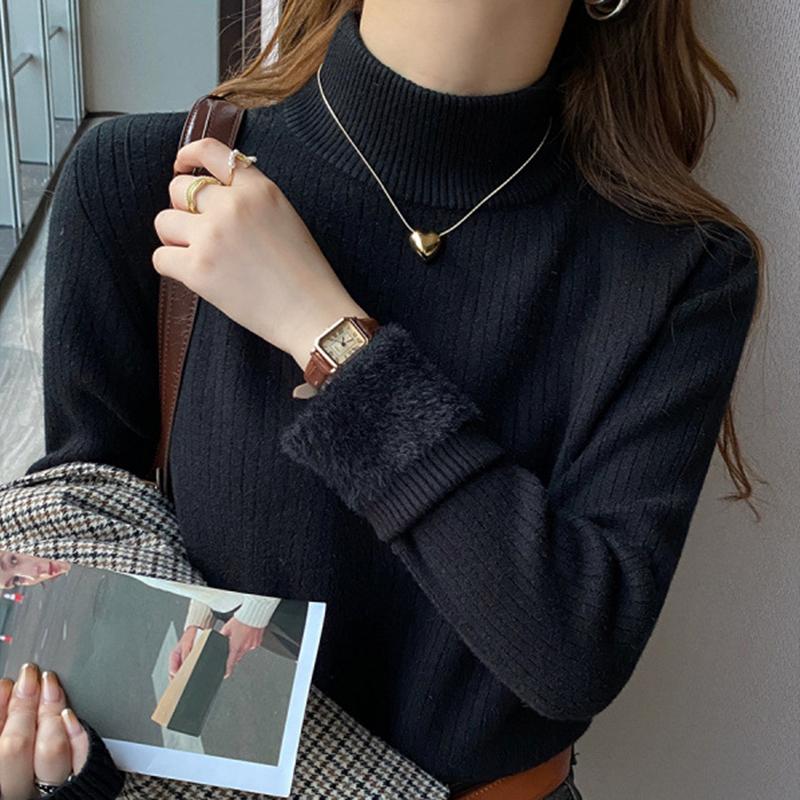 Ladies Winter Fleece Lined Thermal Long Sleeve High Collar Slim Fit Basic Solid Color Pullover Knitted T Shirt Top for Layering one size 1459₽