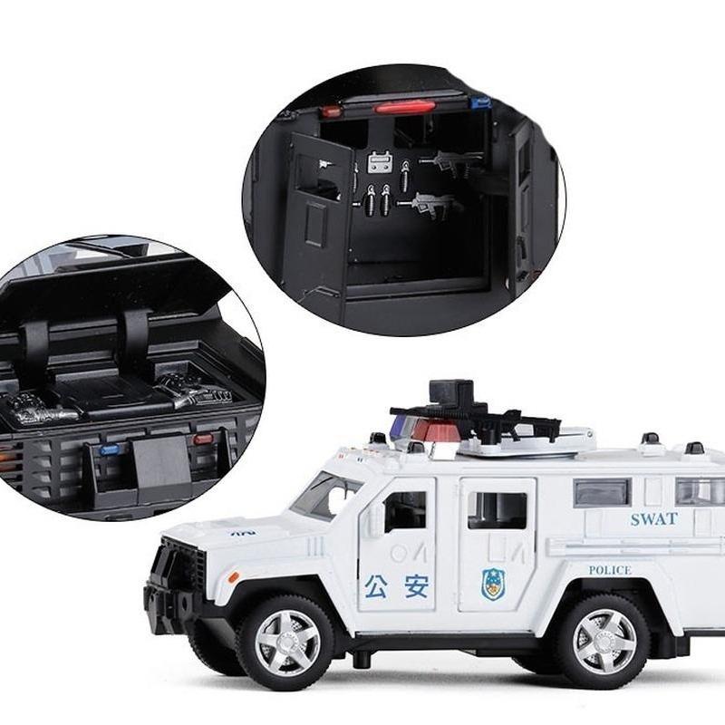 1:32er Maßstab Polizei SWAT Anti-Entführungs-LKW Legierungsmodellauto mit Rückzugmechanismus und Blinklichtern für Kleinkinder.
