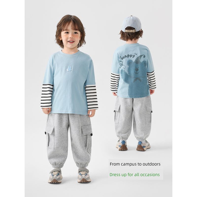 Right European Style Boys' Cloud Cotton Fake Two-Piece Long-Sleeve T-Shirt Spring 2026 New Children's Base Shirt Baby Inner Wear Trendy