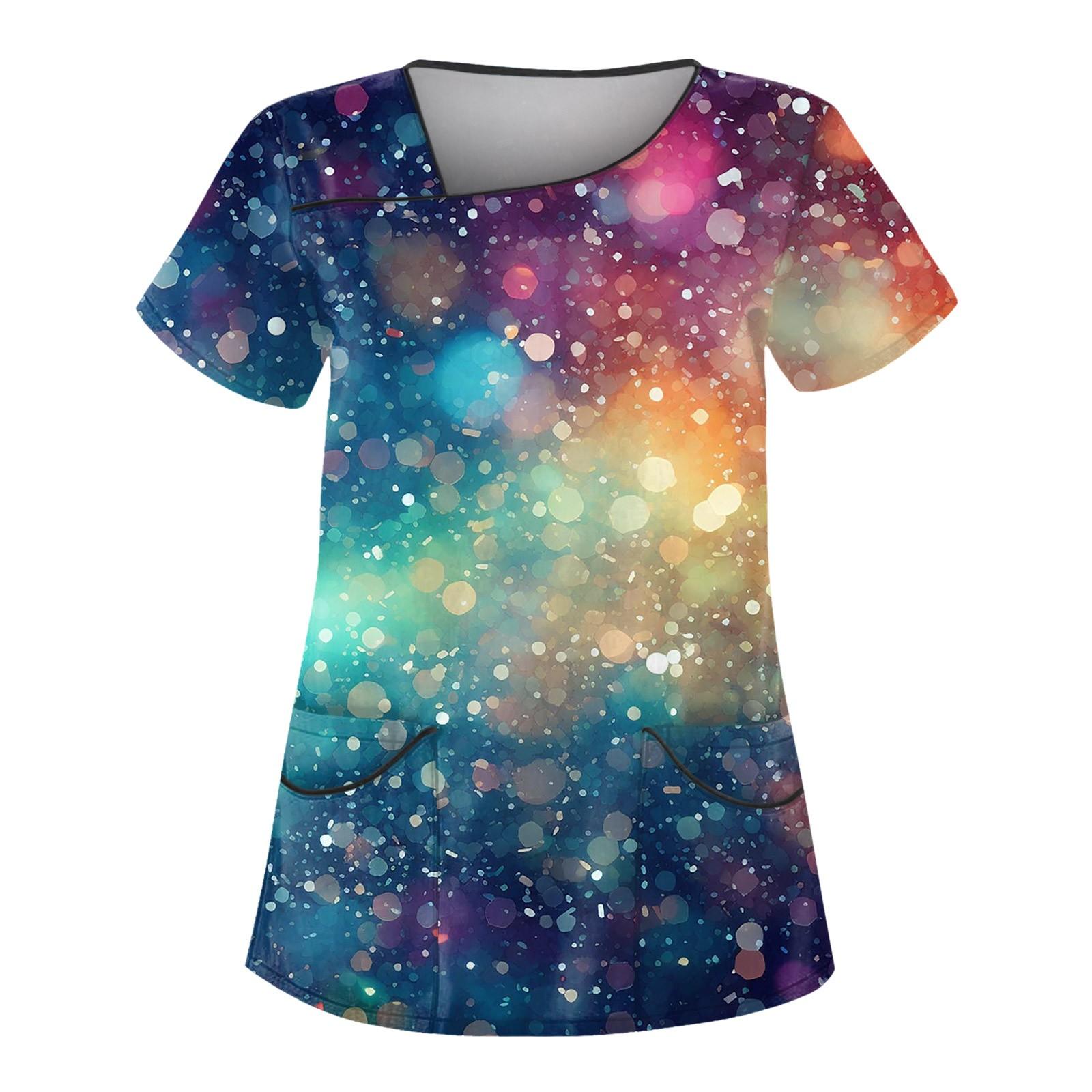 

Women sSimulated Sequined Flowing Gold Print Slant Collar Double Pocket Top Protective Workwear M синий