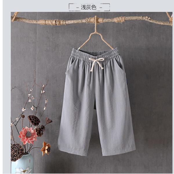 Women Cotton Linen Capri Pants Elastic Drawstring Waist Cropped Wide Leg Trousers Summer Loose Casual Seven Length Pants