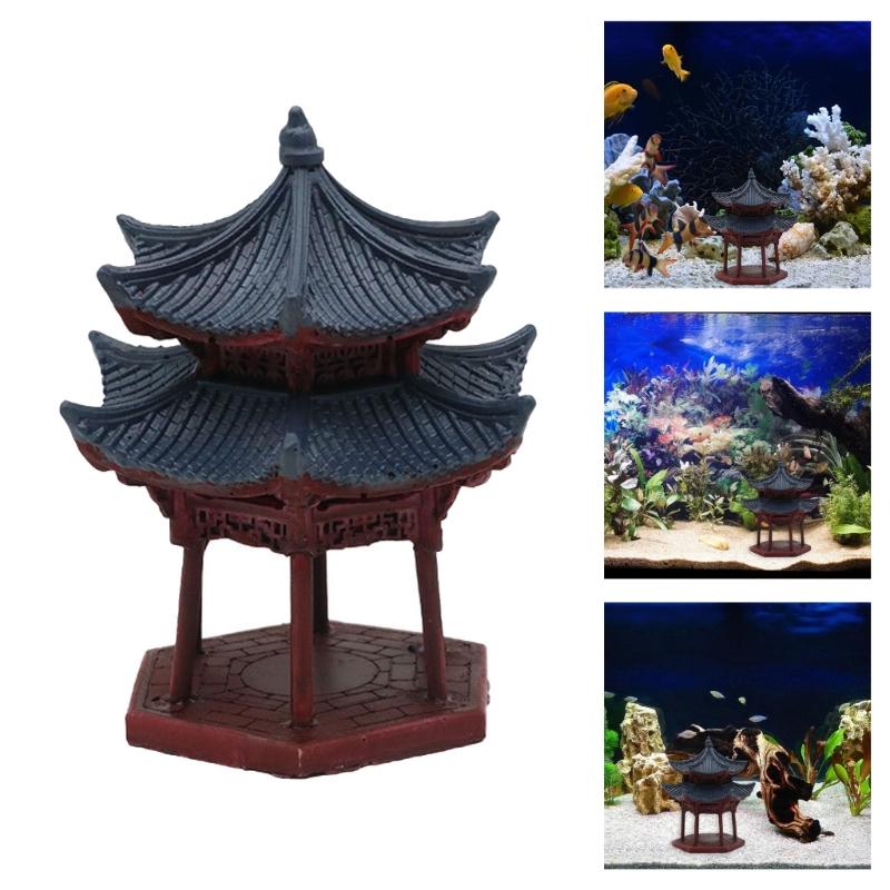 Traditional Hexagon Pavilion Fishtanks Decors Double Tiered Resin Craft for Fishtanks and Hotel Table Scene Landsacpe
