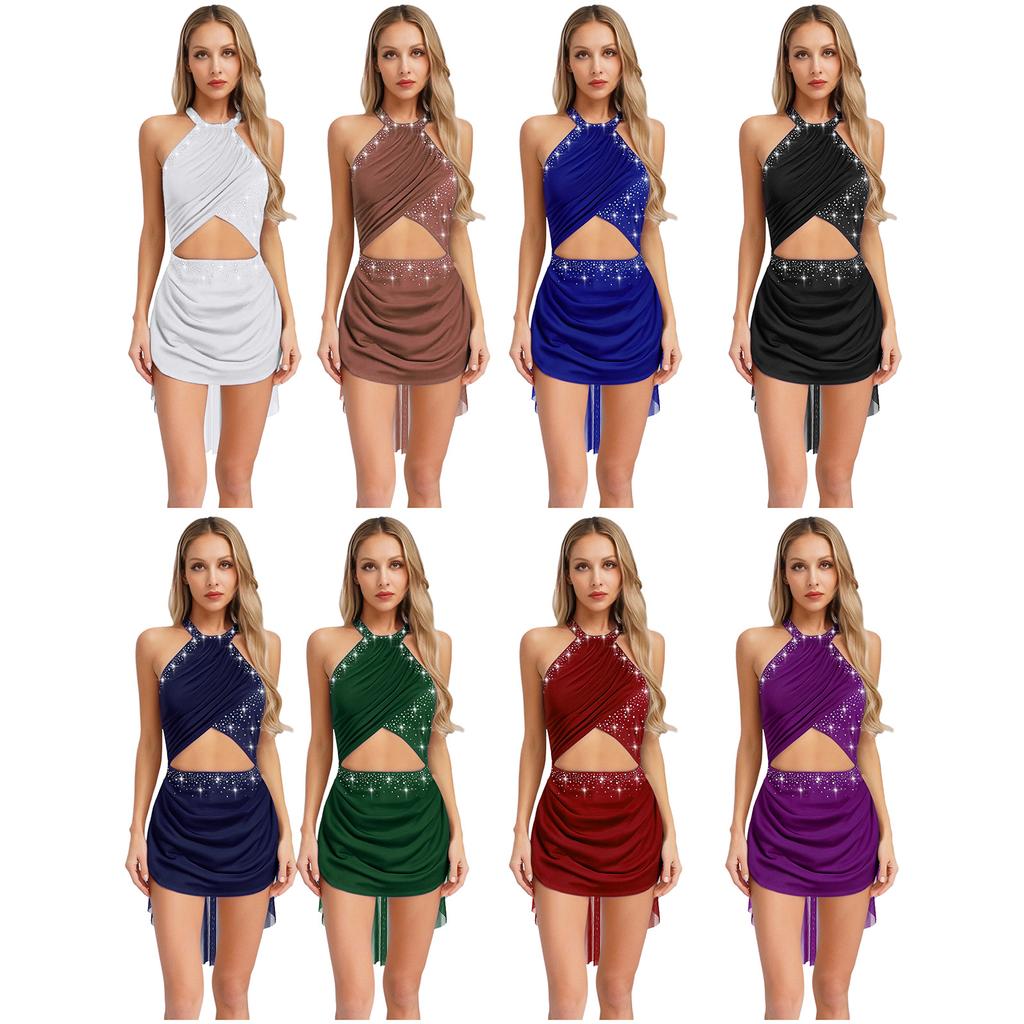 Womens Lyrical Dance Costume Cutout Strappy Backless Design Sheer Mesh Overlay Glittery Rhinestone Leotard Dress