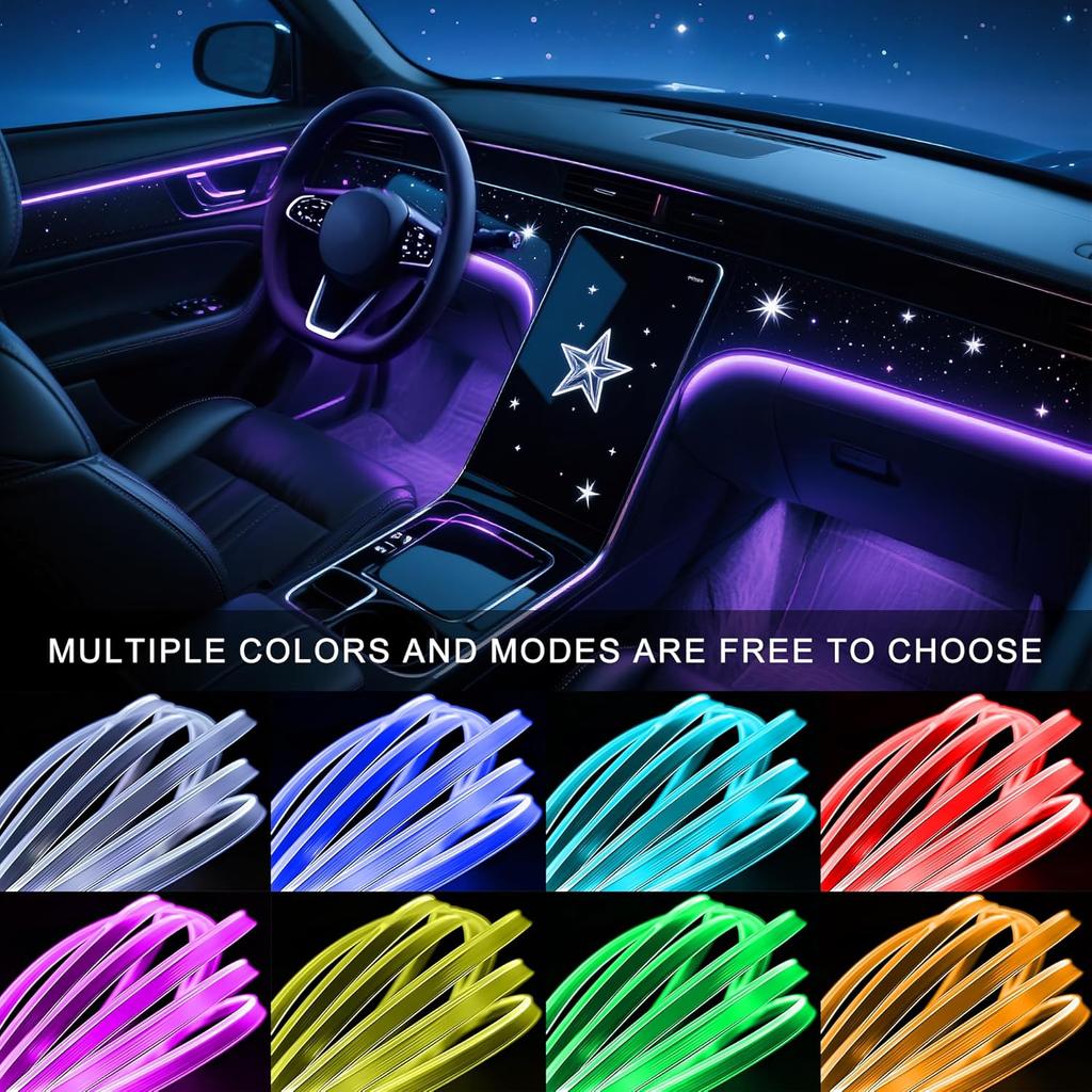 Interior Car LED Lights Wireless APP Control 5 In 1 RGB Ambient Lighting Kit With 236" Fiber Optic, 16 Million Colors Music Sync Waterproof LED Strip