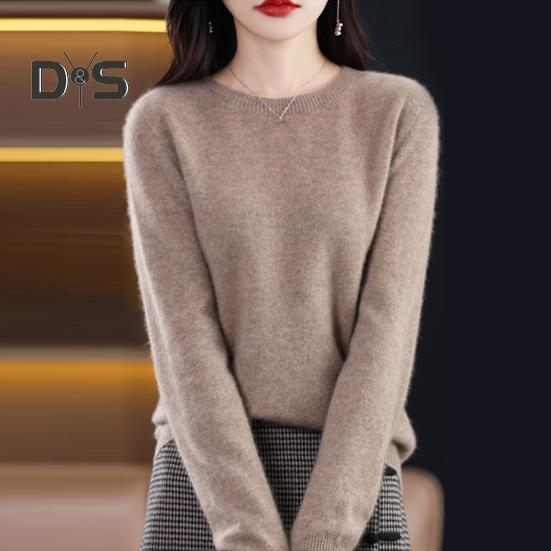 Women Bottoming Sweater Imitation Cashmere Crew Neck Sweater Long Sleeve Solid Color Slim Fit Ribbed Trim Knitting Tops