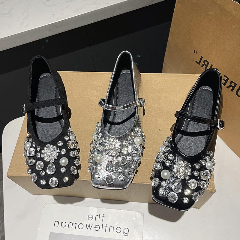 French fairy style silver rhinestone Mary Jane shoes woman spring new square head flat bottom with skirt one-word single shoes woman