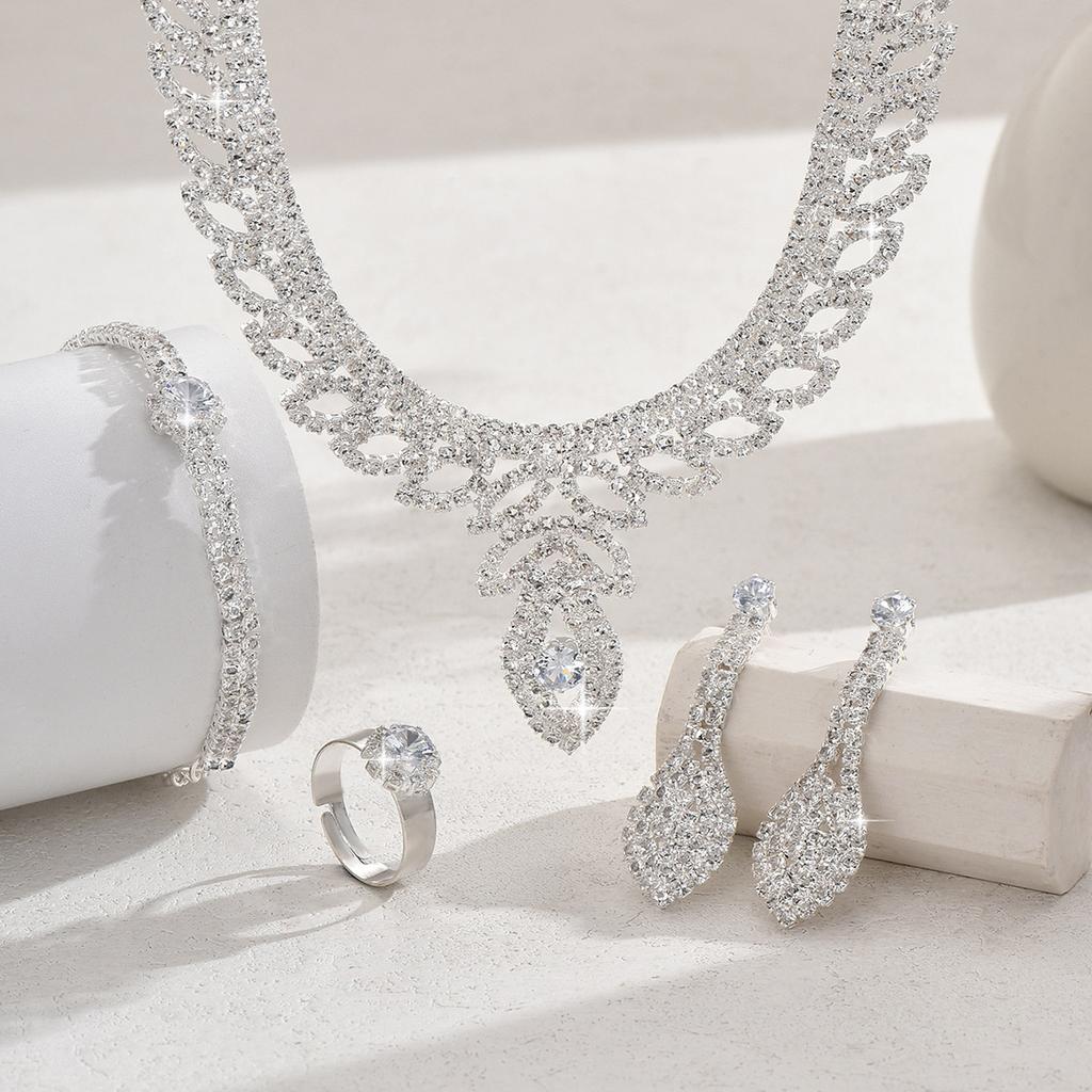 New Leaf Necklace Earrings Four-piece Set Fashion Bridal Wedding Rhinestone Accessories Necklace