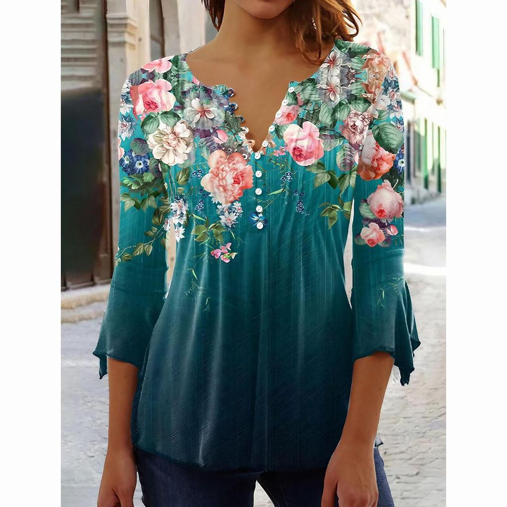 Women's Shirt Blouse Floral Button Print 3/4 Length Sleeve Casual Holiday Basic V-Neck Regular Floral