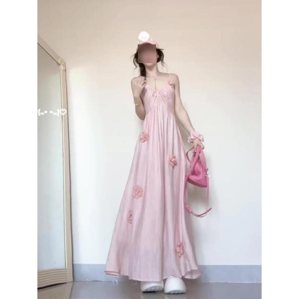 

French Floral Pink Women s Summer Seaside Suspender Dress - Slim, Stunning Long Beach Dress Skirt L (recommended 50-55 kg)