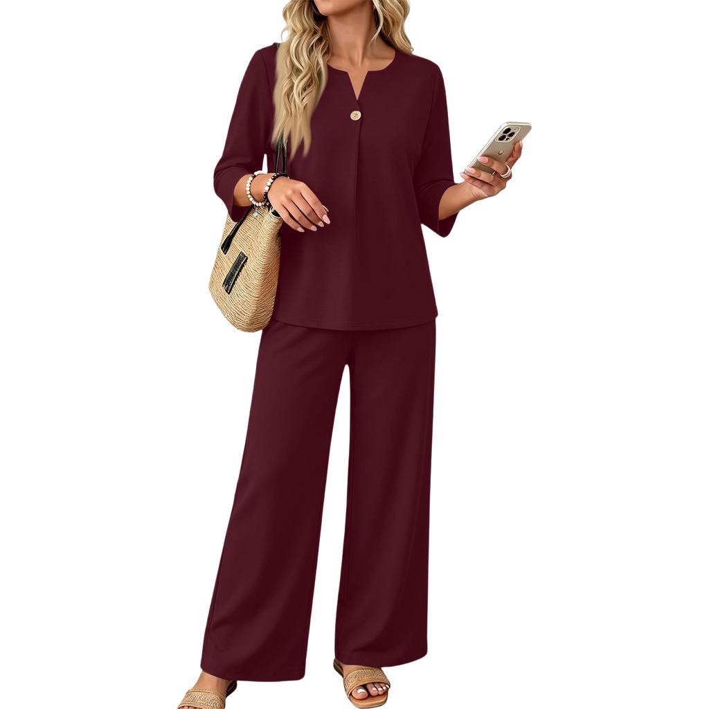 Women’s Casual Two Piece Outfit Button Down Three Quarter Sleeve Top and Wide Leg Long Pants Set for Daily Wear Office Travel