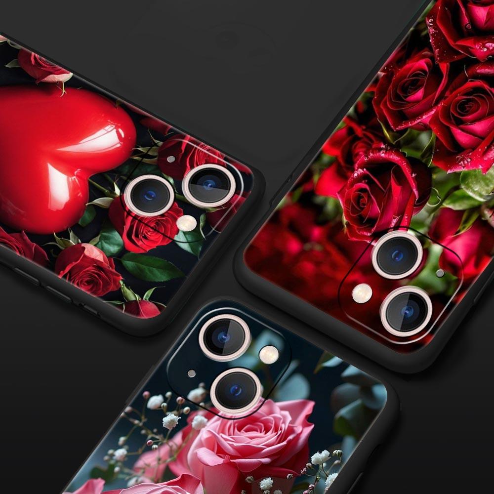 Krásné pouzdro na telefon s květy červené růže pro iPhone Samsung Galaxy Redmi Xiaomi Oppo OnePlus Note SA 7 8 9 10 11 12 13 14 20 21 22 23 53 54 Pro Ultra