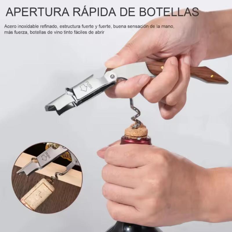 Herramienta Plegable Portátil de Madera y Acero Inoxidable Cuchillo Sacacorchos Abrebotellas de Vino Tinto Herramienta Multifuncional para Exteriores Accesorios de Bar