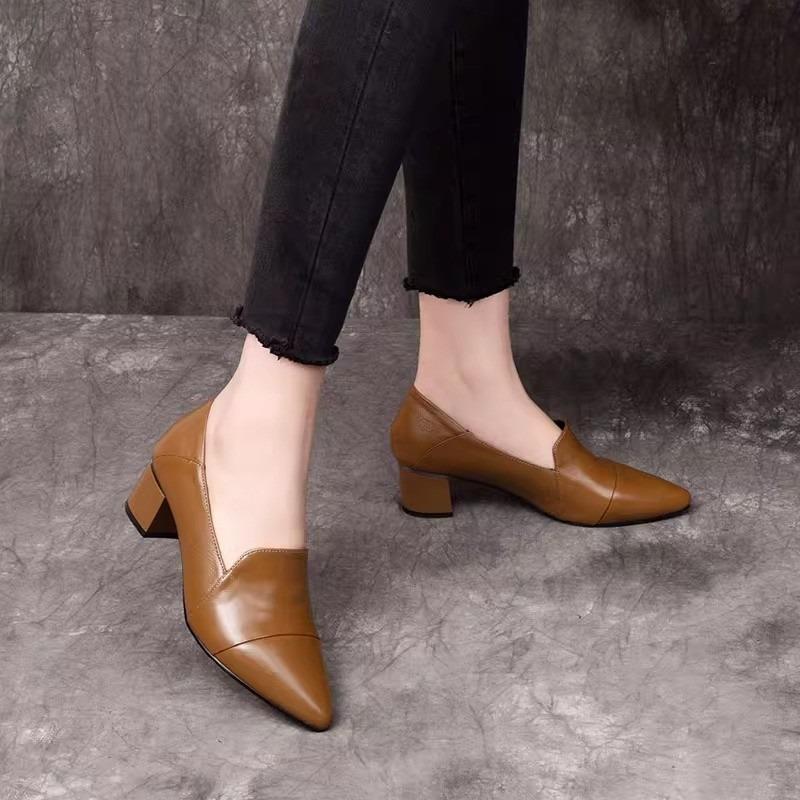 Spring New High Heels Women's Middle Heel Single Shoes Soft Leather Shallow Mouth Four Seasons Single Shoes Pointed Thick Heel Leather Shoes