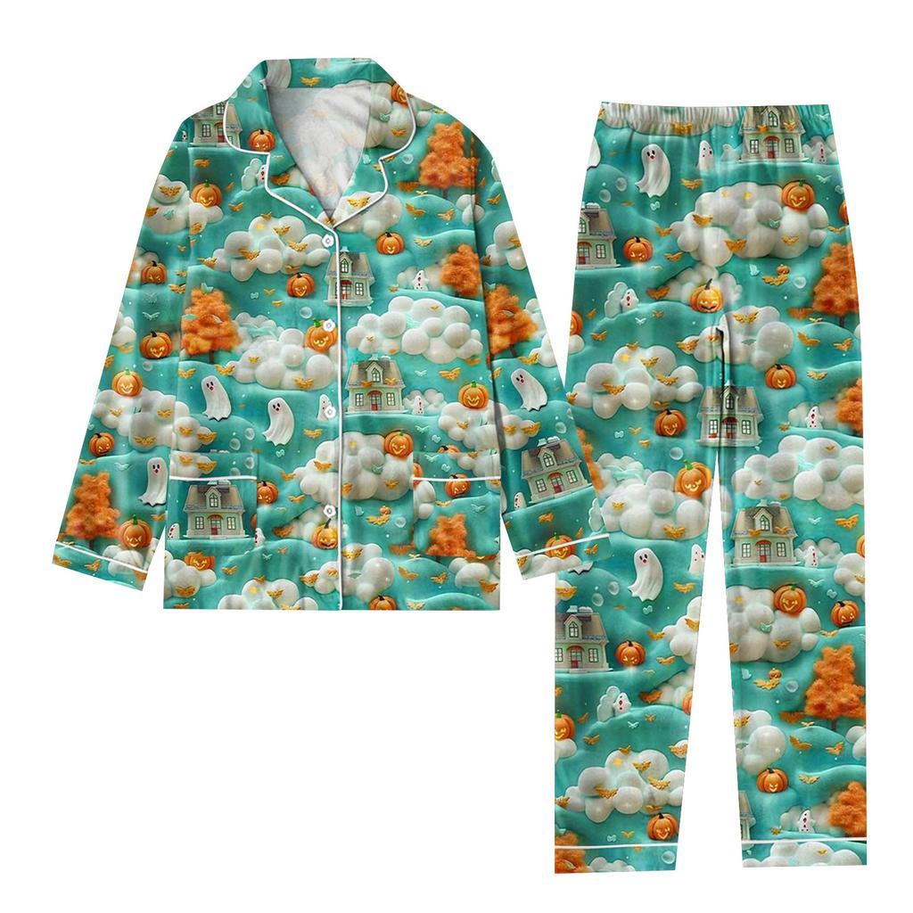 2-teiliger bedruckter Damen-Anzug, langärmelig, Oberteil mit Knopfleiste, weite Hosen, Anzug-Set, Schlafanzug, Home-Casual-Anzug