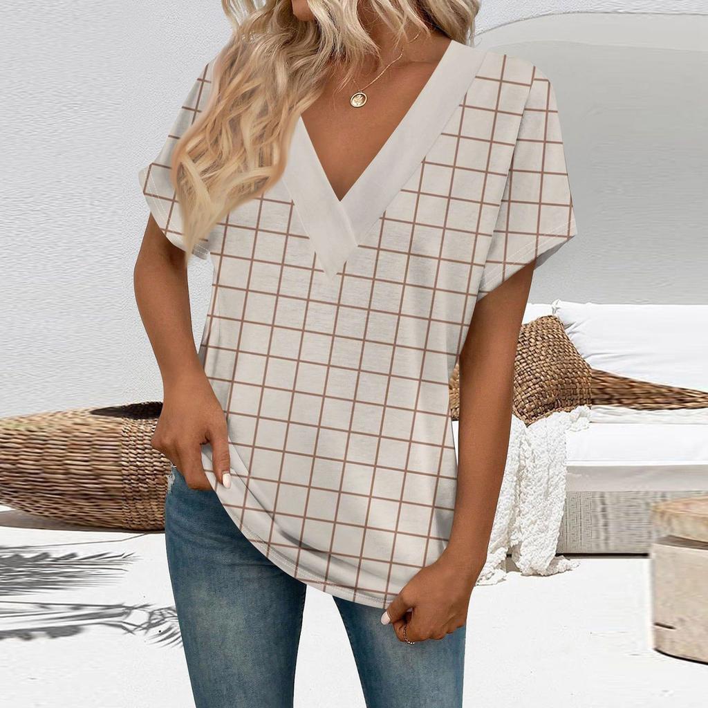 Trička s krátkým rukávem a výstřihem do V, dámské módní topy, moderní lehké a měkké ležérní letní outfity