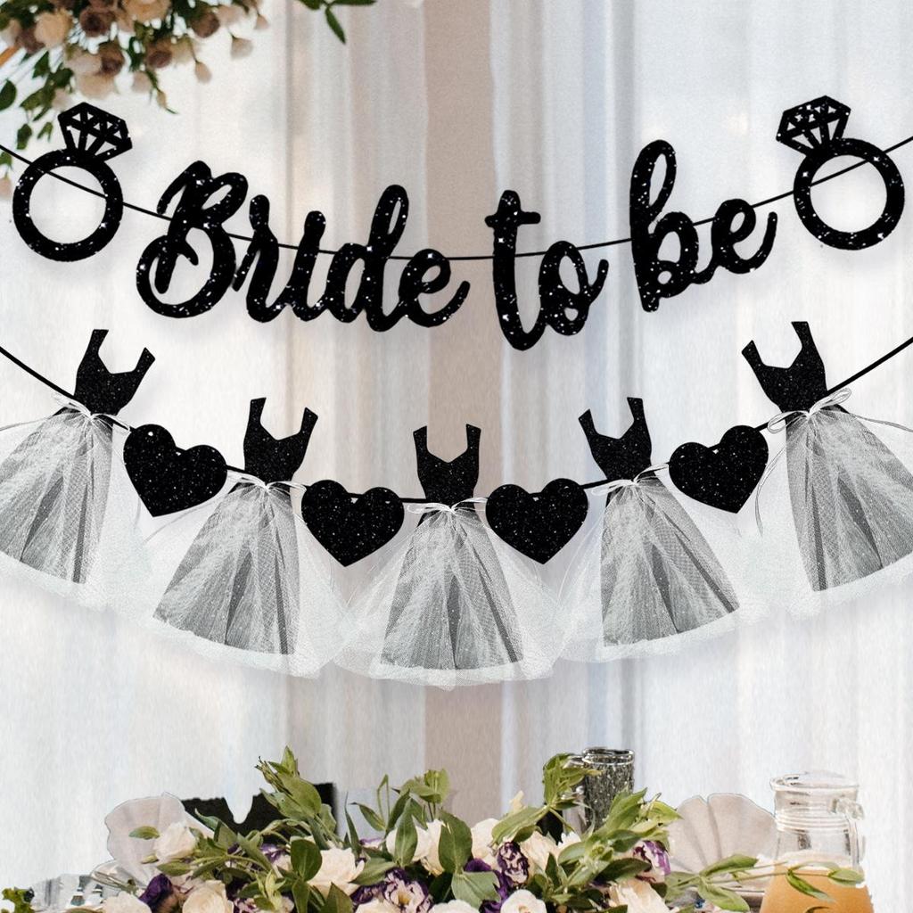 Decor de Nuntă European și American: Fustă Tulle 'Bride to Be' Banner Sclipicios cu Design Inel cu Diamant