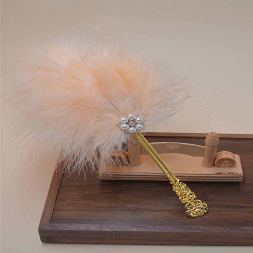 Fluffy Feathers Hand Feather Fan Exquisite Pearl Chinese Style Fan Portable Fan  Cosplay Props оранжевый