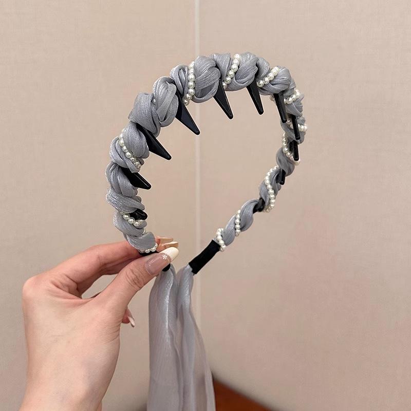 

Милая искусственная жемчужная лента-обруч для женщин 2025 года, новый модный шифоновый обруч для волос, корейский аксессуар для волос для девочек серый