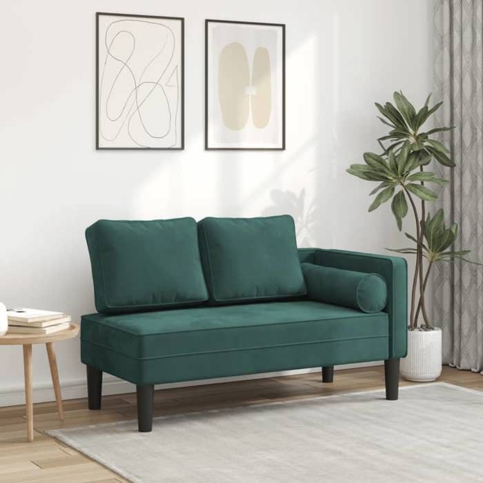 VidaXL Chaise Longue with Cushions Dark Green Velvet, Upholstered Sofa, Sofa for Bedroom, 2-seater Sofa, 4007573