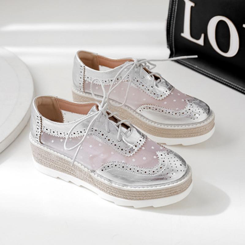 Fashion Summer Crepers air mesh polka dot brogue shoes women breathable loafers wedges lace up carved pattern bullock flats woman 2025