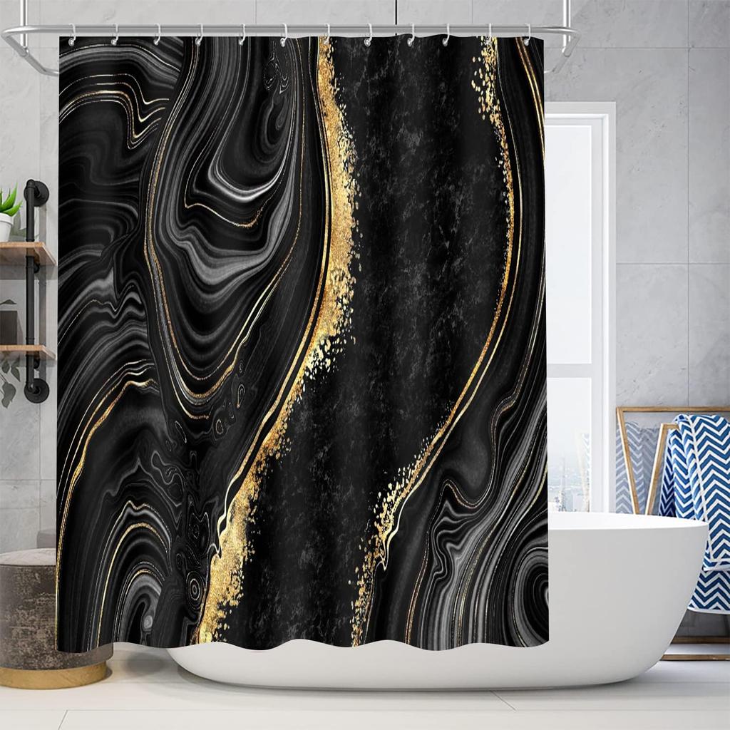 4Pcs Black Marble Shower Curtain Sets with Rugs Gold Bathroom Sets with Shower Curtain and Toilet Lid Cover Modern Bathroom Deco