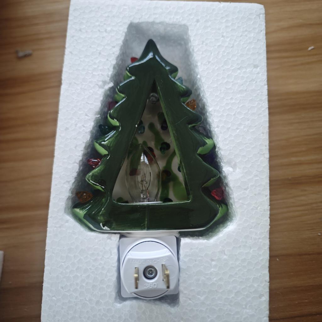 Christmas Ceramic Tree Night Lights Decorative Xmas Tree Nightlight with Lamp Multicolor Bulbs 360 Degree Swivel Plug with ON/Off Switch for Home