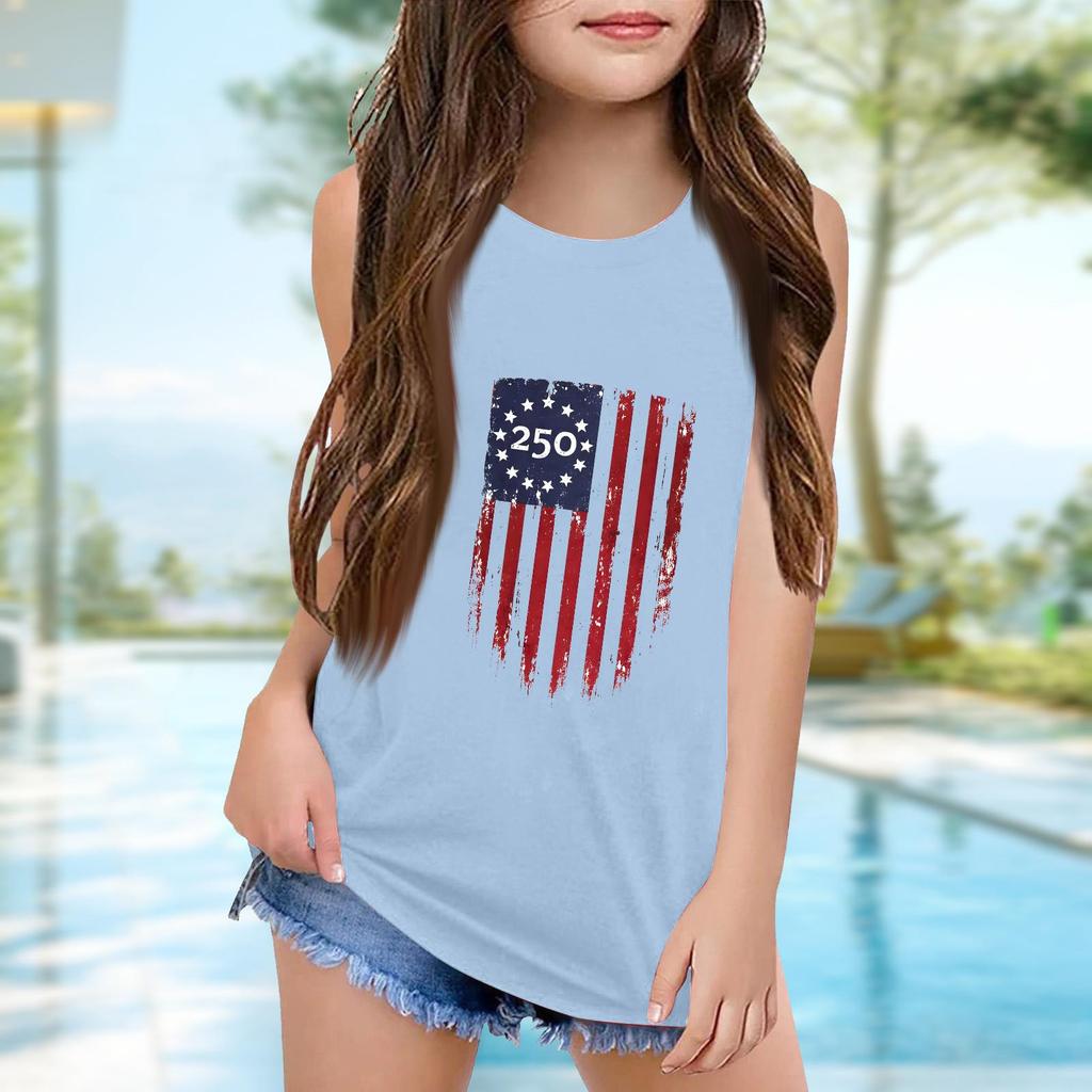Girls  Kids Summer Crewneck Sleeveless Shirts Tank Tops Independence Day