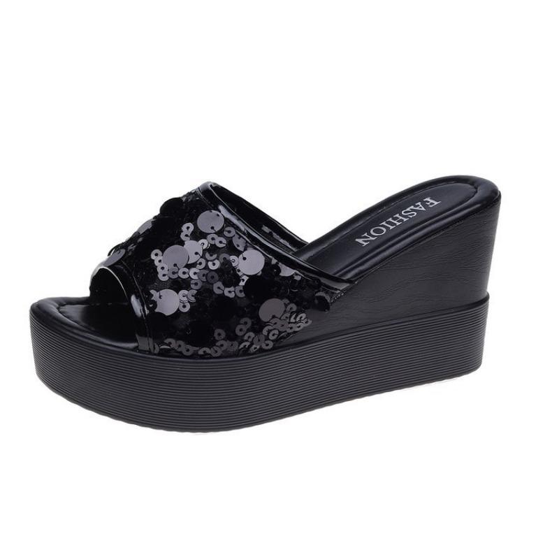 Silver sequined wedge slippers summer new temperament thick-bottomed muffin slippers one-word slippers women